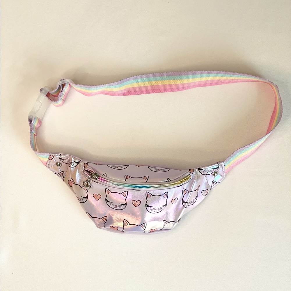 Iridescent Kitty Sling Bag Rainbow Strap Faux Leather Like New